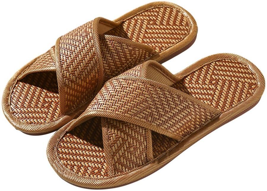 Pantoffels van riet en linnen Zomerse loungeslippers Pantoffels met dikke antislip en zachte zool Sandalen Unisex Bruin