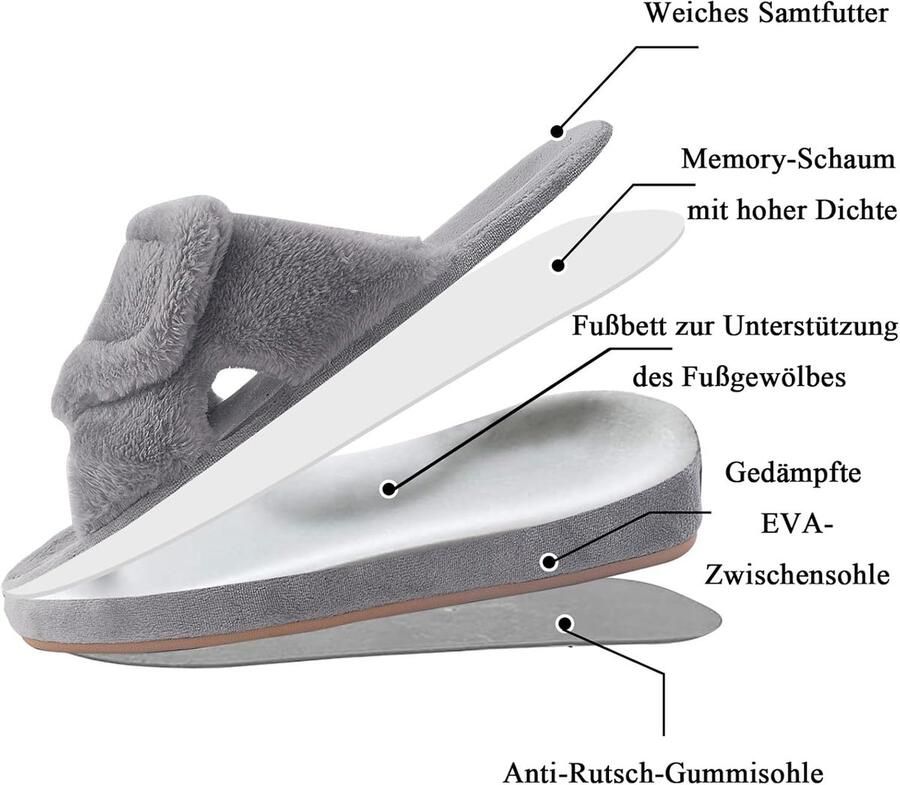 Pantoffels van traagschuim voor dames met ondersteuning van de voetboog verstelbare klittenbandsluiting diabetici brede open teen huispantoffels voor binnen en buiten