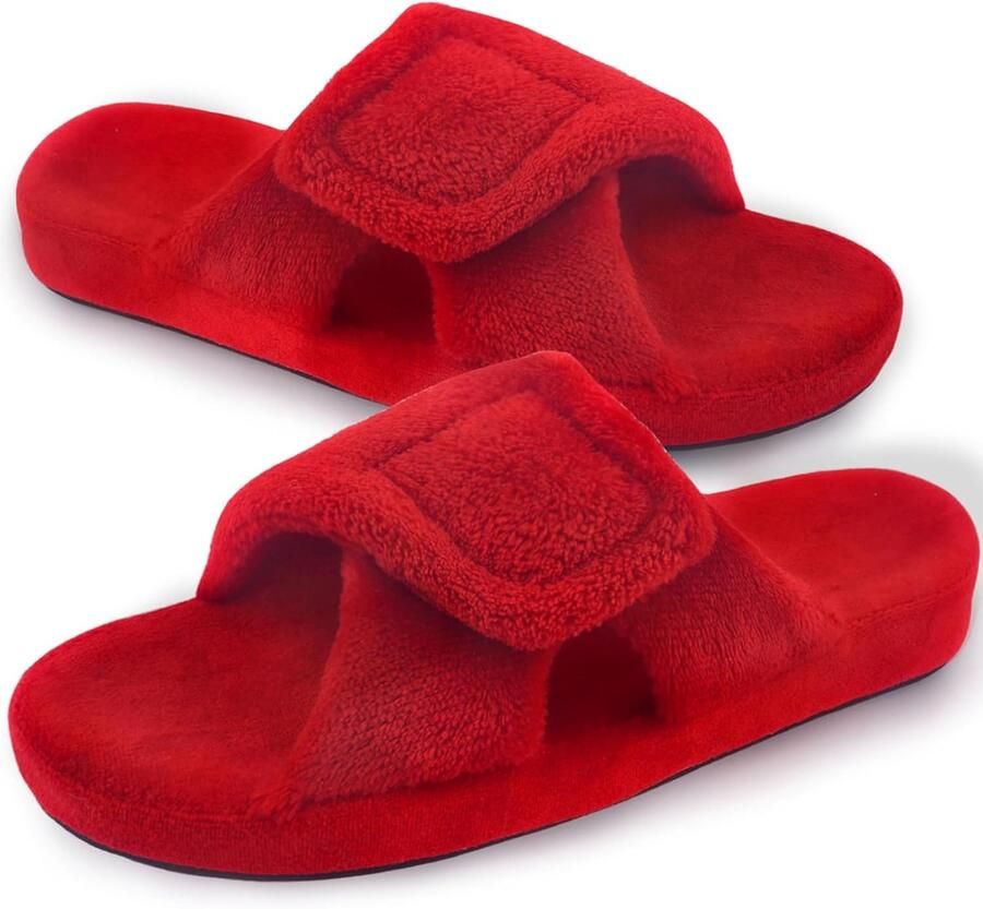 Pantoffels van traagschuim voor dames met voetboogondersteuning verstelbare klittenbandsluiting brede open teen pantoffels voor binnen en buiten Boog Rood