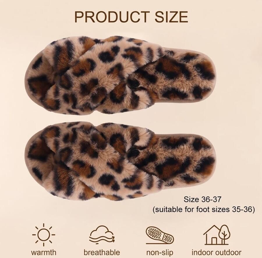 Pantoffels voor en 1 paar luipaardpatroon pluche gekruiste rie bruin zacht imitatiebont met antislipzool voor winter thuis slaapkamer en gasten
