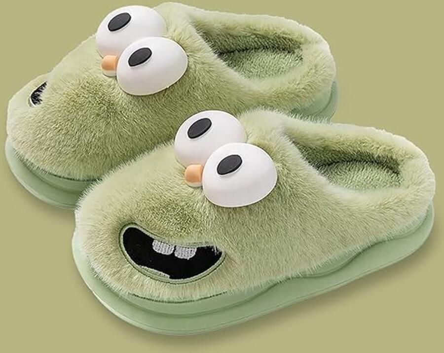 Pantoffels voor en Antislip pantoffels voor thuis Cartoon pantoffels voor stellen Zachte en warme pluche pantoffels voor binnen en buiten Pantoffels met grote ogen 3D pluche pantoffels met grote ogen Groen