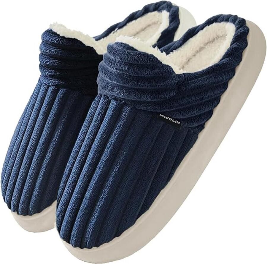 Pantoffels voor en warme winterpantoffels met memory foam corduroy pluche zacht antislip comfortabel voor binnen en buiten Donkerblauw