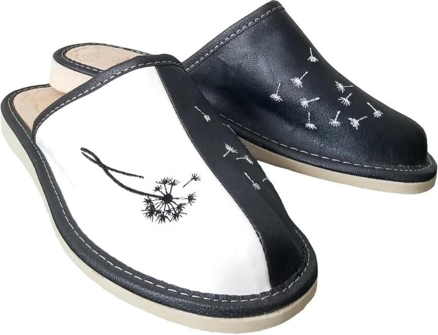 Pantoffels voor dames gesloten van echt leer met leren zolen comfortabele pasvorm met borduurwerk paardenbloemmotief huisschoenen damespantoffels