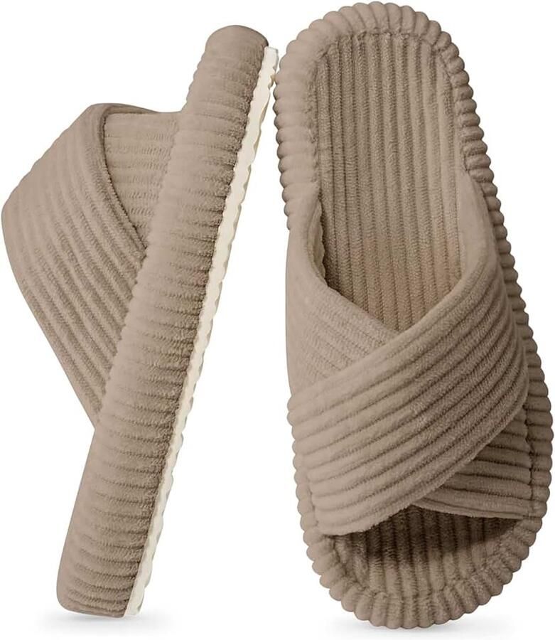 Pantoffels voor dames met open teen antislipzool comfortabel modieus pluche slippers van geribbeld fluweel met traagschuim