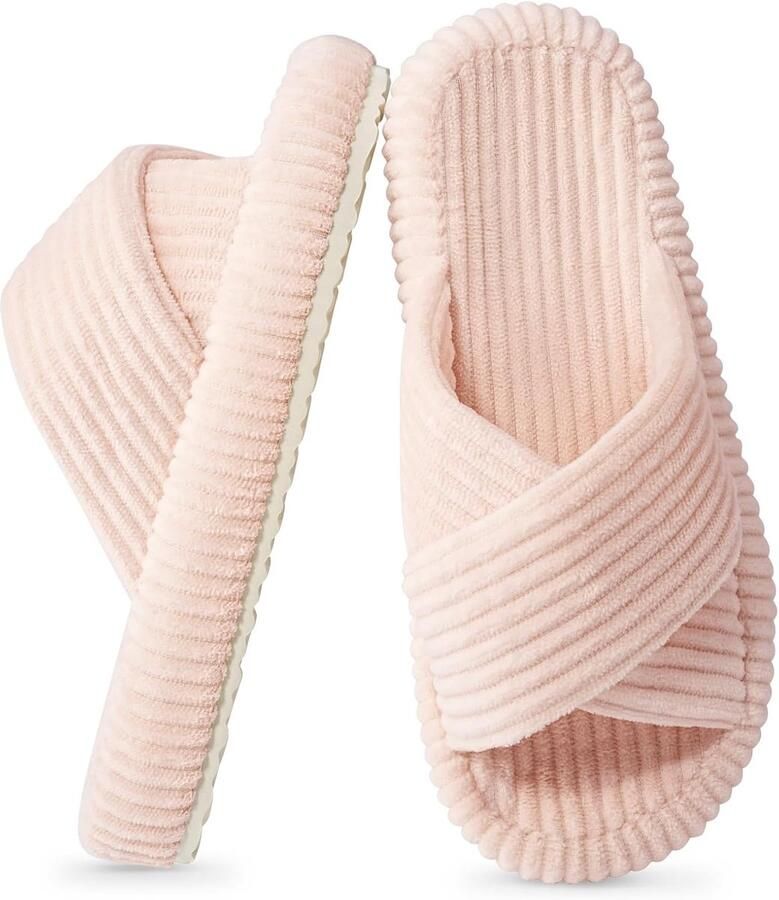 Pantoffels voor dames met open teen antislipzool comfortabel modieus pluche slippers van geribbeld fluweel met traagschuim