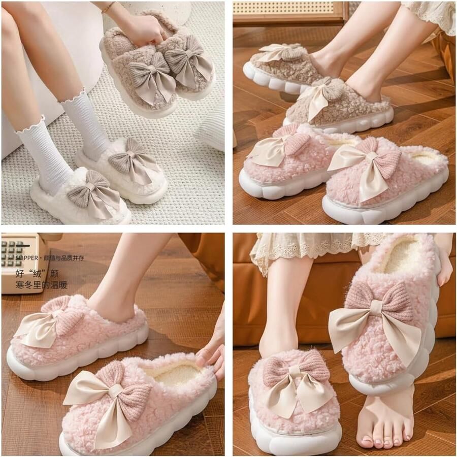 Pantoffels voor dames met strik winter pluche antislip behaaglijke warme schoenen wollige pantoffels voor thuis woonkamer wit