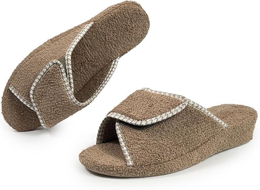 Pantoffels voor dames sleehak met badstof open teen met plaksluiting voor gezwollen voeten sandalen met kurkzool