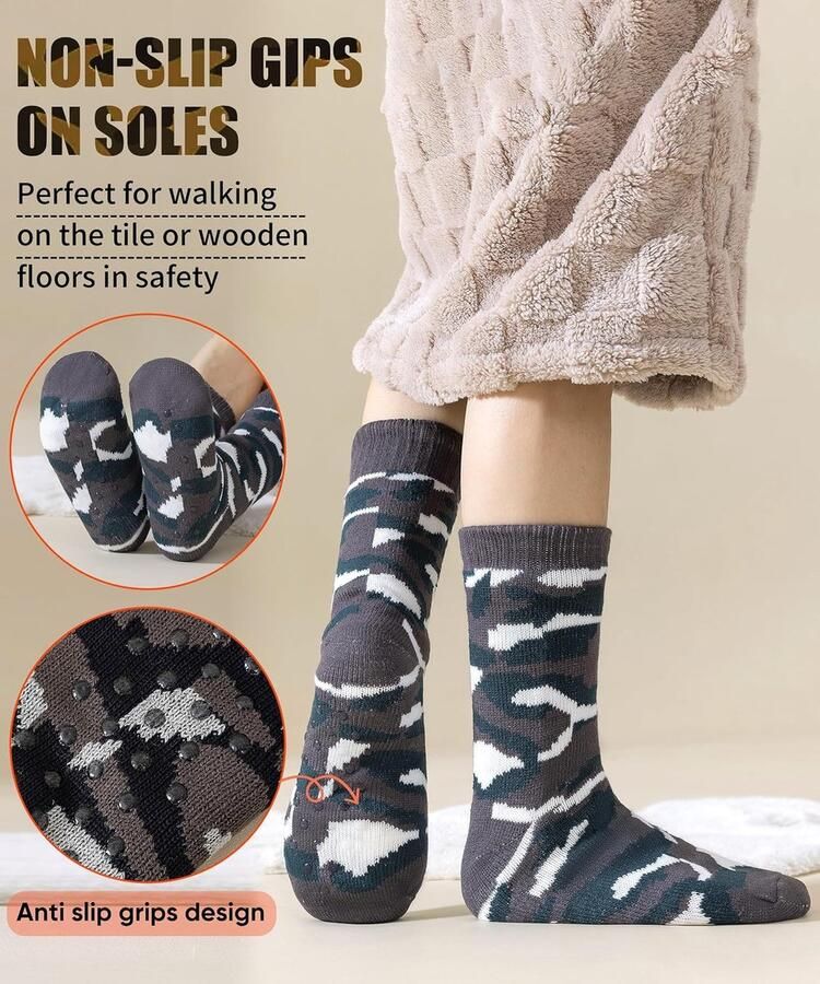 Pantoffels voor heren met antislip grijpers thermische donzige warme sherpa-voering dikke indoor-kerstsokken