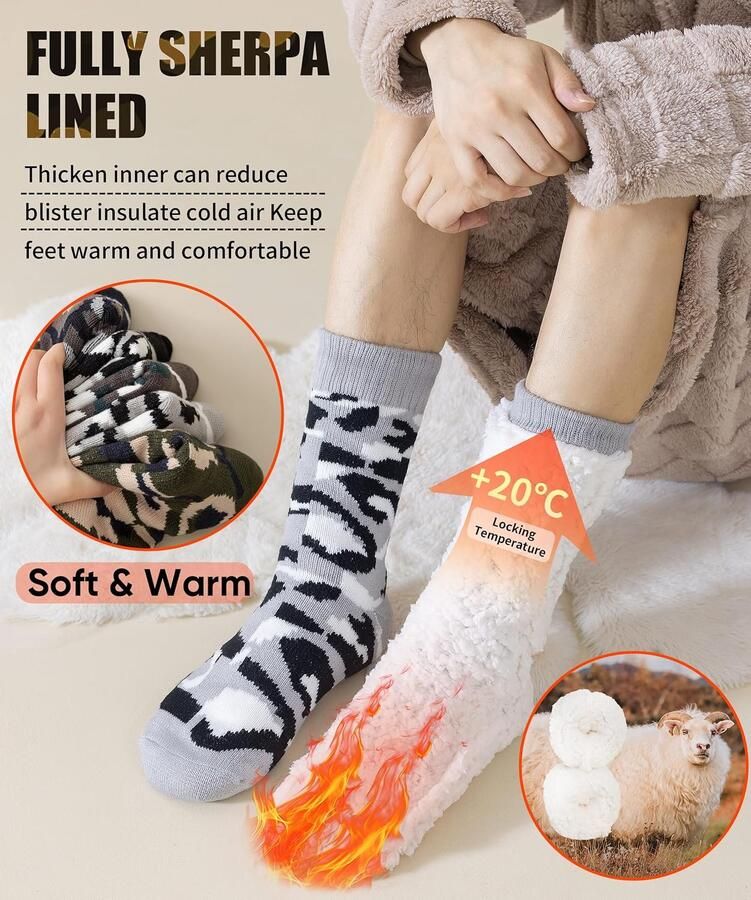 Pantoffels voor heren met antislip grijpers thermische donzige warme sherpa-voering dikke indoor-kerstsokken