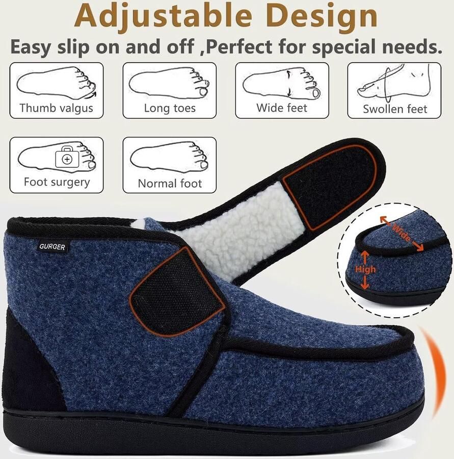 Pantoffels voor heren warm gevoerde pantoffels voor diabetici vilten pantoffels met verstelbare klittenbandsluiting