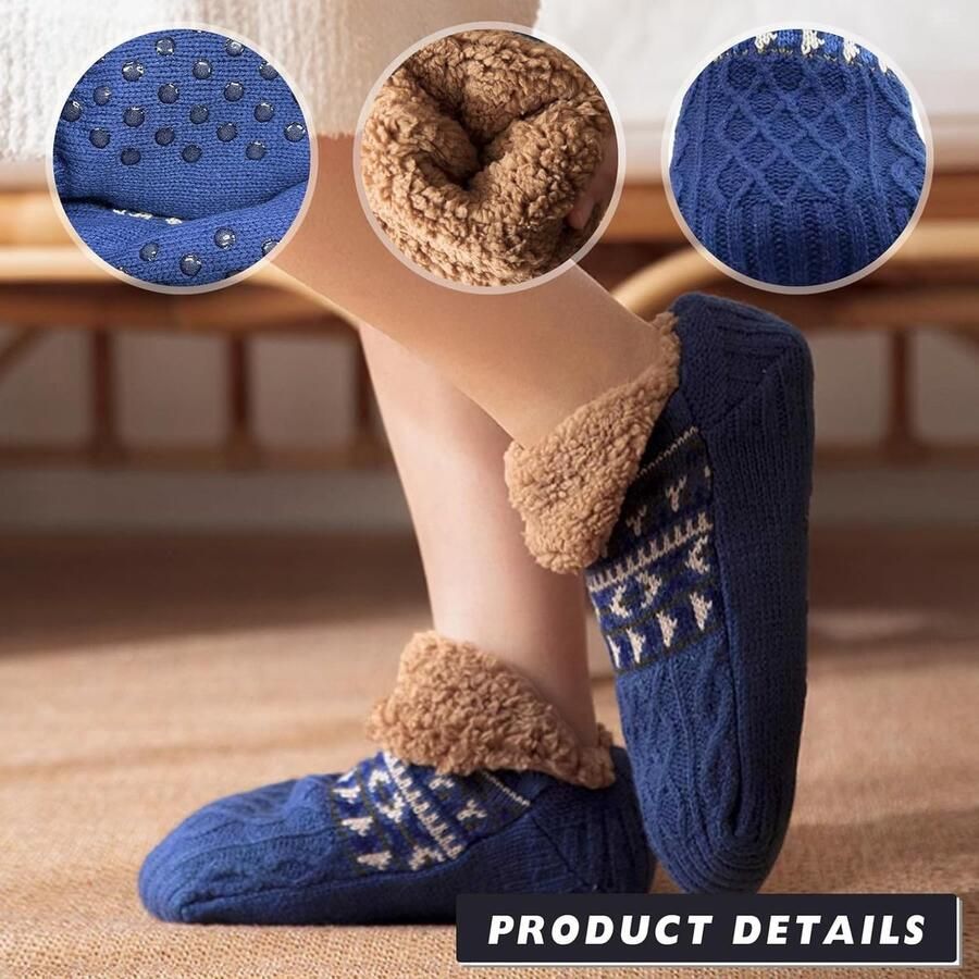 Pantoffelsokken voor en gebreide dikke fleece gevoerde warme antislip slipsokken winter pluizige grip sokken voor vloer bed huis yoga sport (marineblauw)