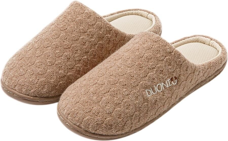 Pantoffels—Unisex instapmodel—Geluidsarme zolen—Materiaal van een katoen-linnenmix—Zacht en comfortabel—Ideaal cadeau—Pluche gevoerde pantoffels met zachte-antislipzolen— Lichtbruin