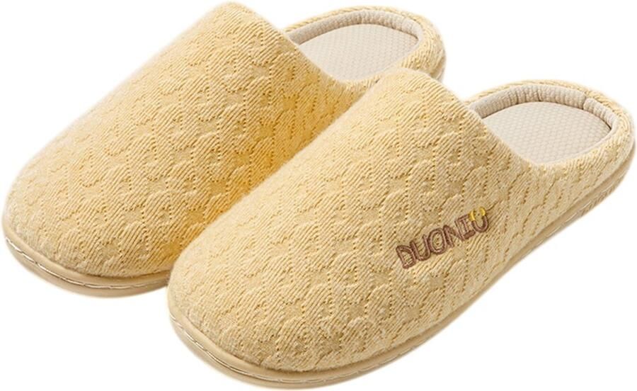 Pantoffels—Unisex instapmodel—Geluidsarme zolen—Materiaal van een katoen-linnenmix—Zacht en comfortabel—Ideaal cadeau—Pluche gevoerde pantoffels met zachte-antislipzolen— Geel