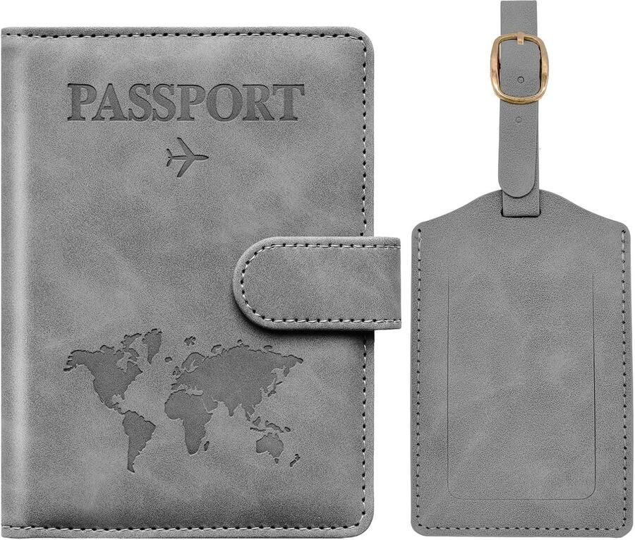 Paspoorthoes en kofferlabelset paspoorthoes met RFID-blokker paspoort-organizer paspoorthoes voor en paspoorthoes voor reisbenodigdheden B-grijs 11 x 15 x Modern