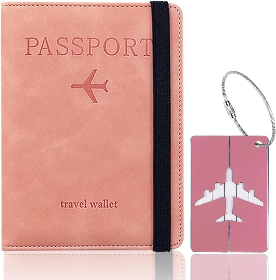 Paspoorthoes met RFID-blocker paspoorthouder voor en reisdocu tenmap lederen reisportemonnee organizer voor creditcards A-roze Mittelgroß