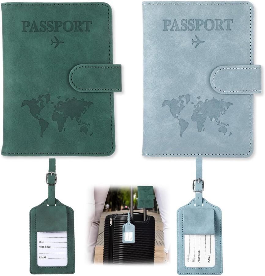 Paspoorthoes paspoorthouder met kofferhanger paspoorthoes 11 x PU-leer RFID-blokkering voor reisdocumenten blauw en groen. 11x 4.33x5.91inch Klassiek
