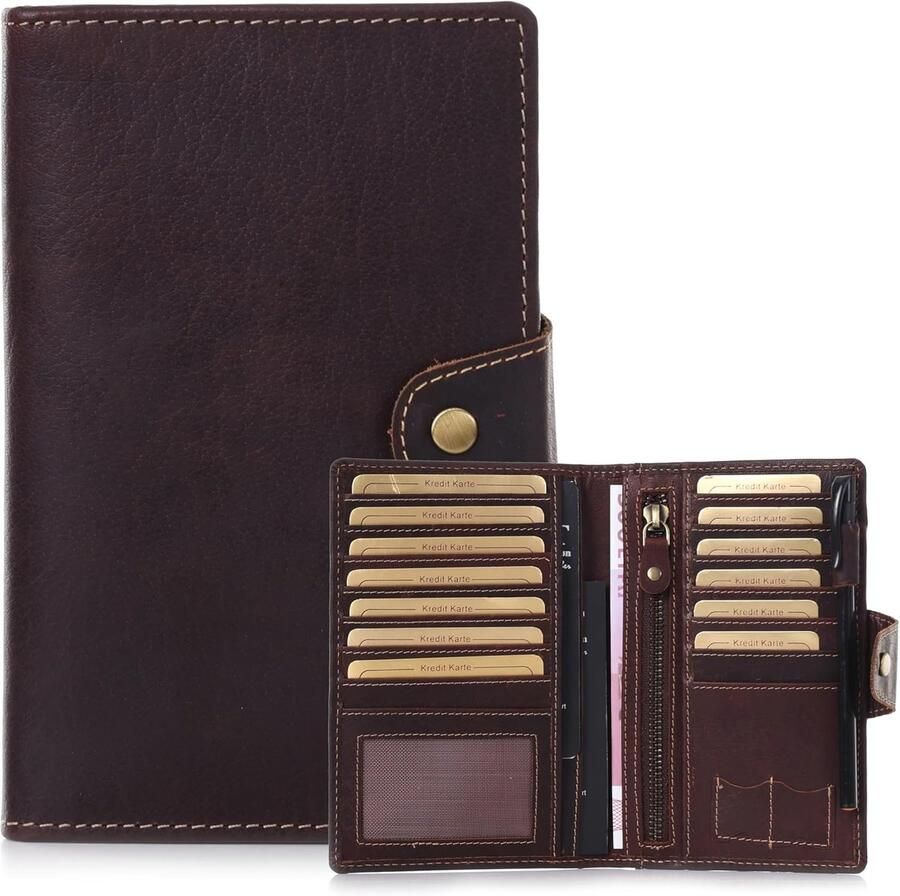 Paspoorthoes van echt volnerfleer 1 ID-display RFID-drukknop 1-2 reisetui ritssluiting creditcards pennenvak SIM-kaarthouder x lichtbruin bruin Medium Minimalistisch