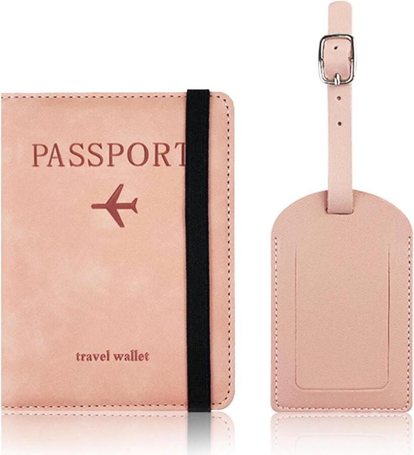 Paspoorthouder anti-magnetisch paspoorthoes PU-leer RFID-blokkering paspoorthoes reisdocumenten organizer met kaartsleuf bagagelabel en elastische band paspoorthoezen roze 5.9 inches