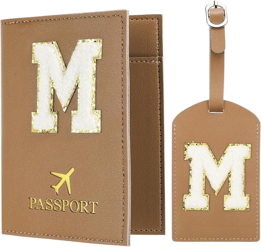 Paspoorthouder voor reizen eerste paspoorthoes en bagagelabel set met alfabet chenille briefpatch Bruin 10.5 x 1 x