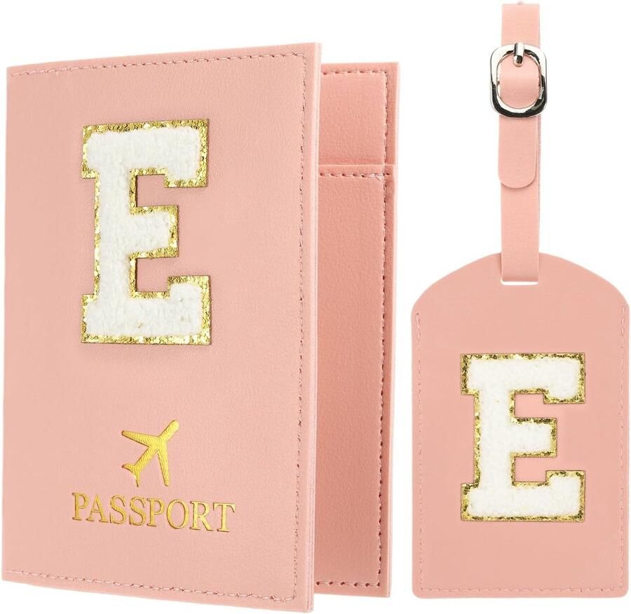 Paspoorthouder voor reizen Initiaal Paspoorthoes en Bagagelabel Set met Alfabet Chenille Letterpatch roze 10.5 x 1 x