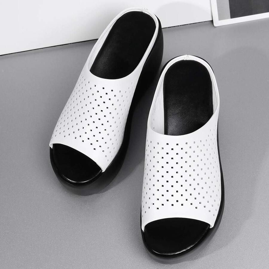Peep Toe Mules Platform Wedge Heel Echt Leer Zomer Hollowed Slippers