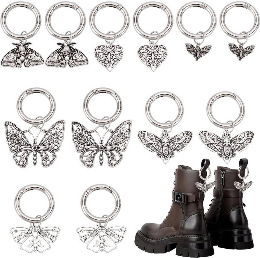 PH PandaHall 12pcs 6 styles Gothic Punk Shoe Charms 4.7~ Butterflies Shoe Hangers Heart Shape Boots Hanger With Spring Rings For Sneaker Sandals Halloween Platinum Color Alloy Steel No Metal No