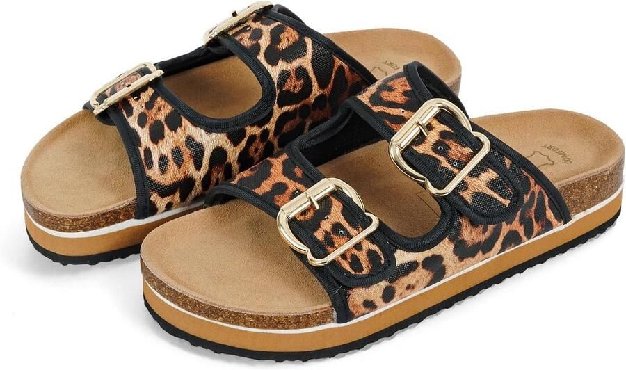 Plateausandalen Dames Leer Voetbed Slippers met Verstelbare Bandjes Luipaardprint