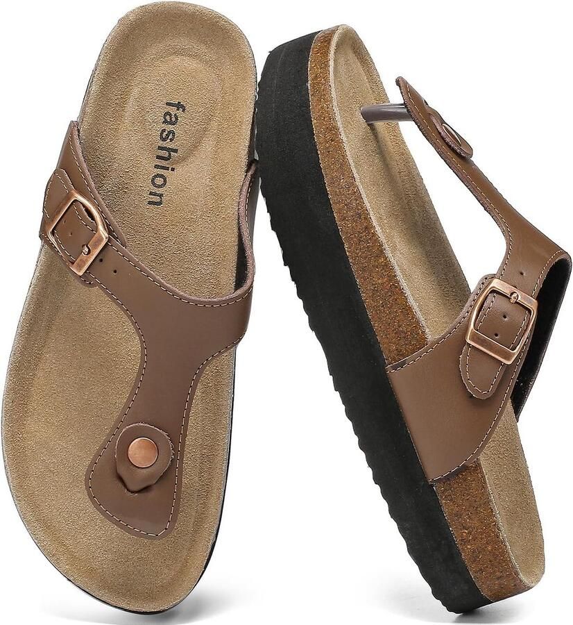 Plateau teenslippers dames met kurk voetbed en verstelbare gesp