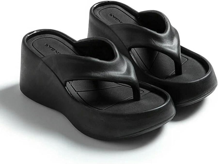 Platform Slippers Zomer Sandalen Comfortabel Wandelen Verhoogde Wedge Hak 37-38 Zwart