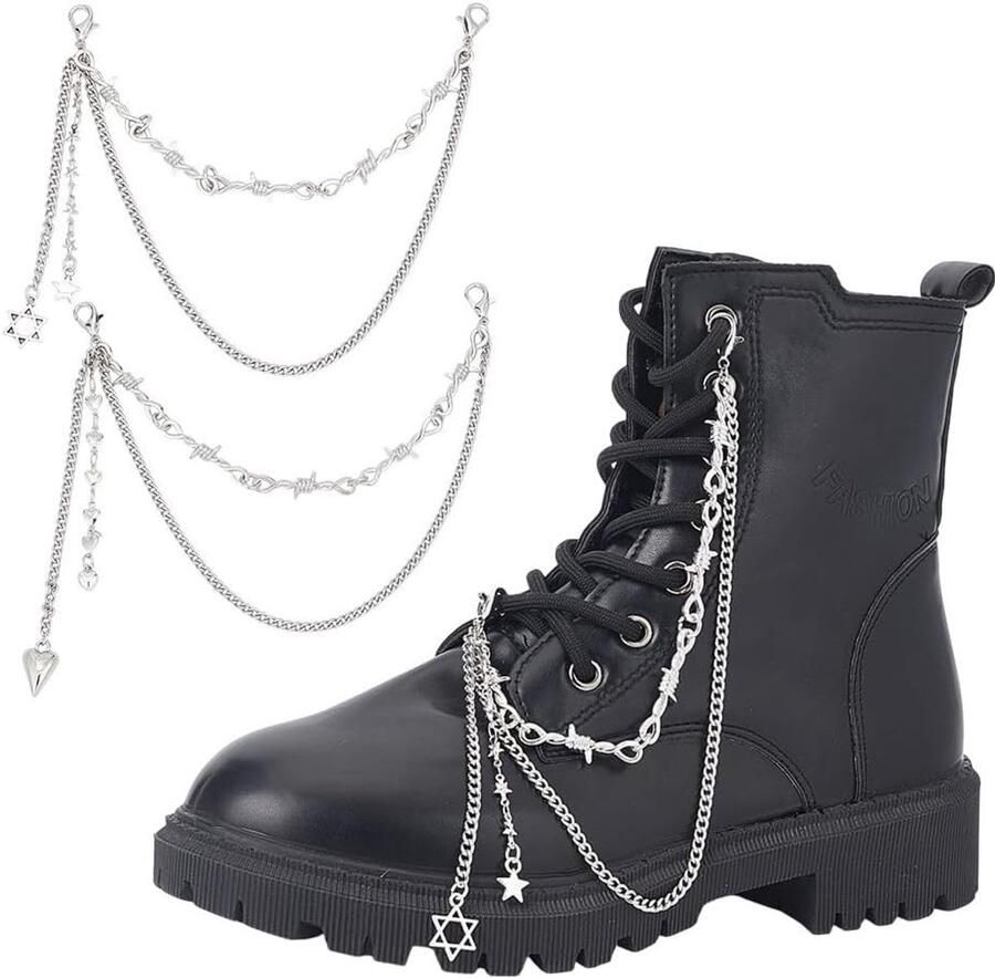 Platina schoenketting met ster en hart verwijderbare punkstijl gothic decoratie voor sneakers en laarzen