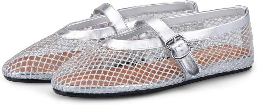 Platte dames ballerina's met visnet en verstelbare gesp