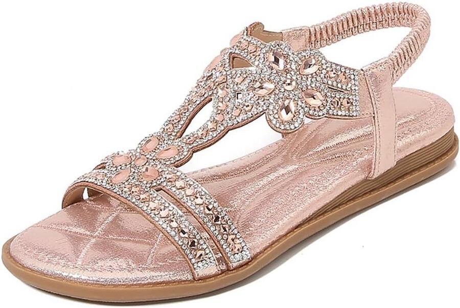 Platte Dames Sandalen met T-Riem en Strass voor Zomer en Strand