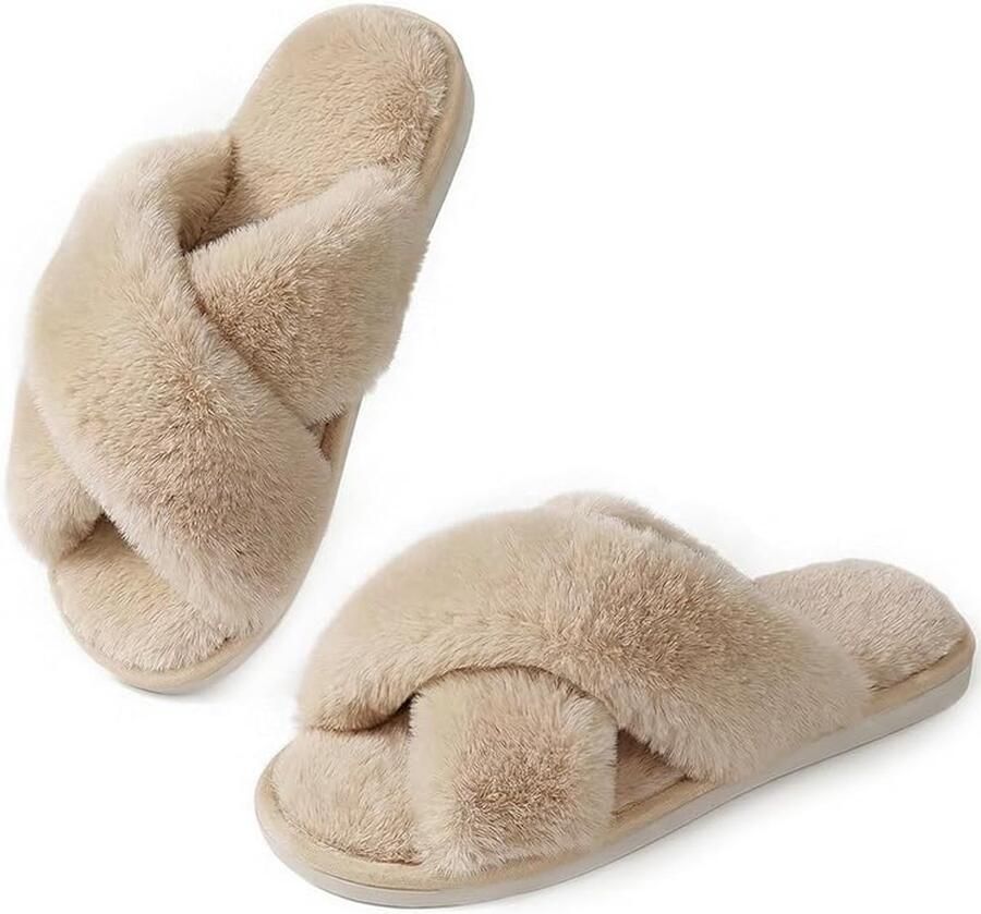 Pluche sslippers met open tenen warme katoenen slippers voor thuisgebruik met een stijlvol en comfortabel ontwerp met gekruiste bandjes bruin ；het is geschikt voor sen die normaal gesproken dragen