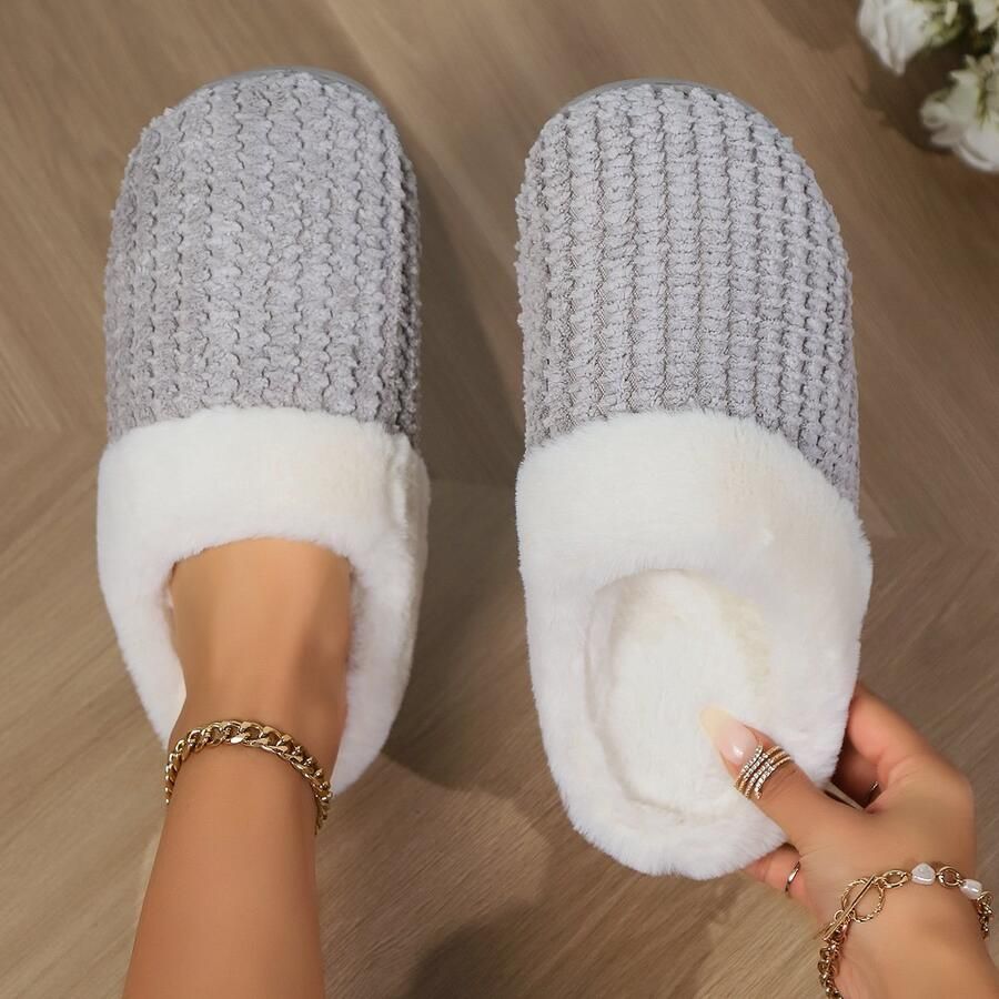 Pluche gebreide slippers antislip warm en comfortabel geschikt voor binnen en buiten grijs )