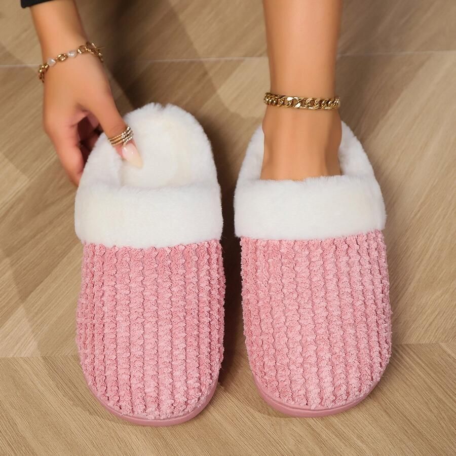 Pluche gebreide slippers antislip warm en comfortabel geschikt voor binnen en buiten roze