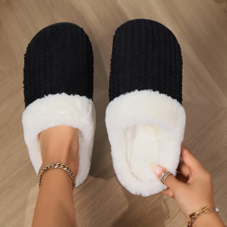 Pluche gebreide slippers antislip warm en comfortabel geschikt voor binnen en buiten zwart )