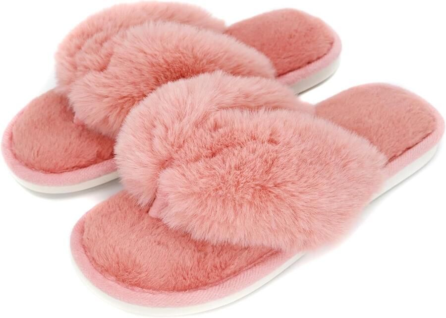 Pluche indoor flip-flop string slippers voor vrouwen open teen donzig imitatiebont spa huis slippers