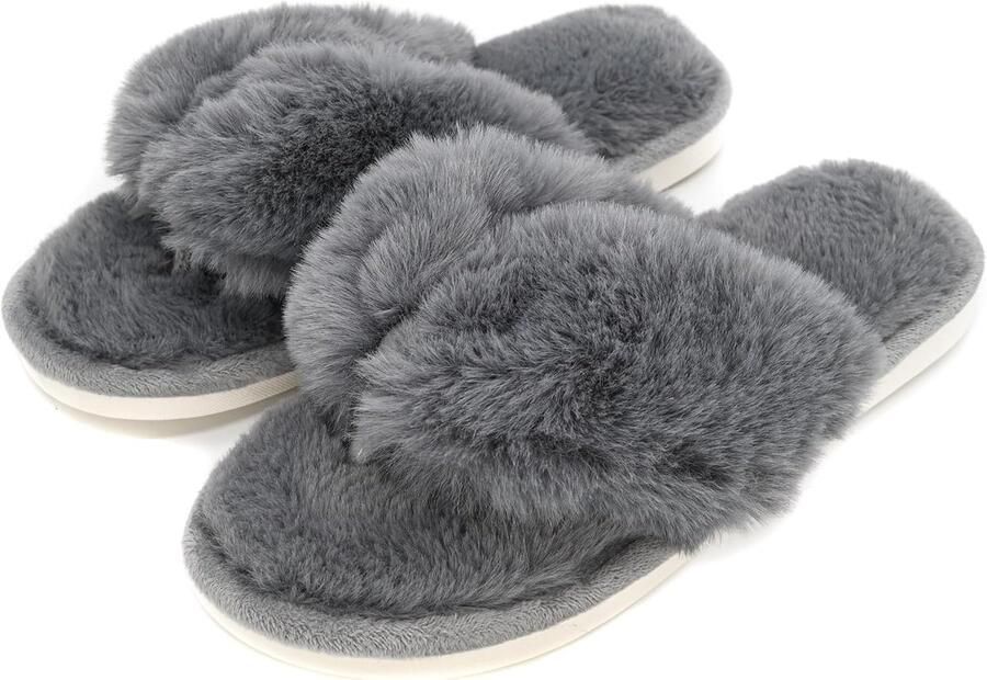 Pluche indoor flip-flop string slippers voor vrouwen open teen donzig imitatiebont spa huis