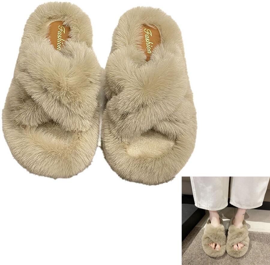 Pluche pantoffels met kruisbandjes Pantoffels Warme pluche pantoffels met open teen Warme winterpantoffels Binnensandalen Geschikt om binnen te dragen warm in de winter Khaki