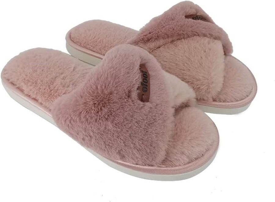 Pluche Slides Dames met Kruisband Zachte Fleece Open Teenslippers voor Binnen en Buiten