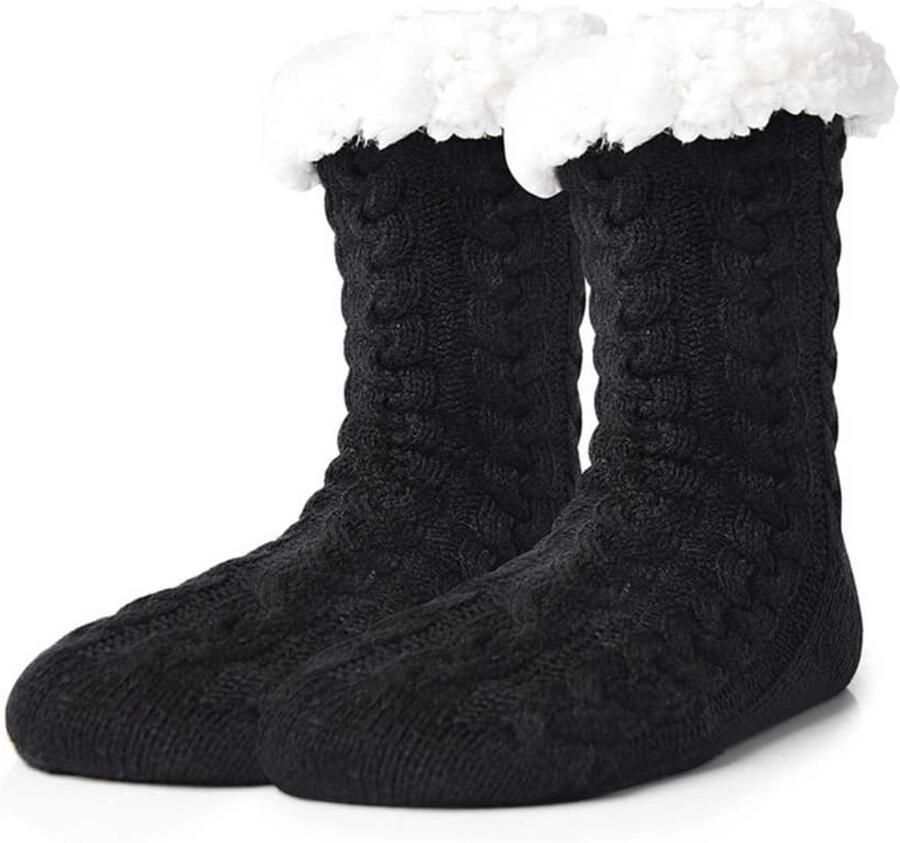 Pluche warme gebreide pantoffels met antislipzool zwart one size fits all