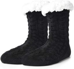 Pluche warme gebreide pantoffels met antislipzool zwart one size fits all