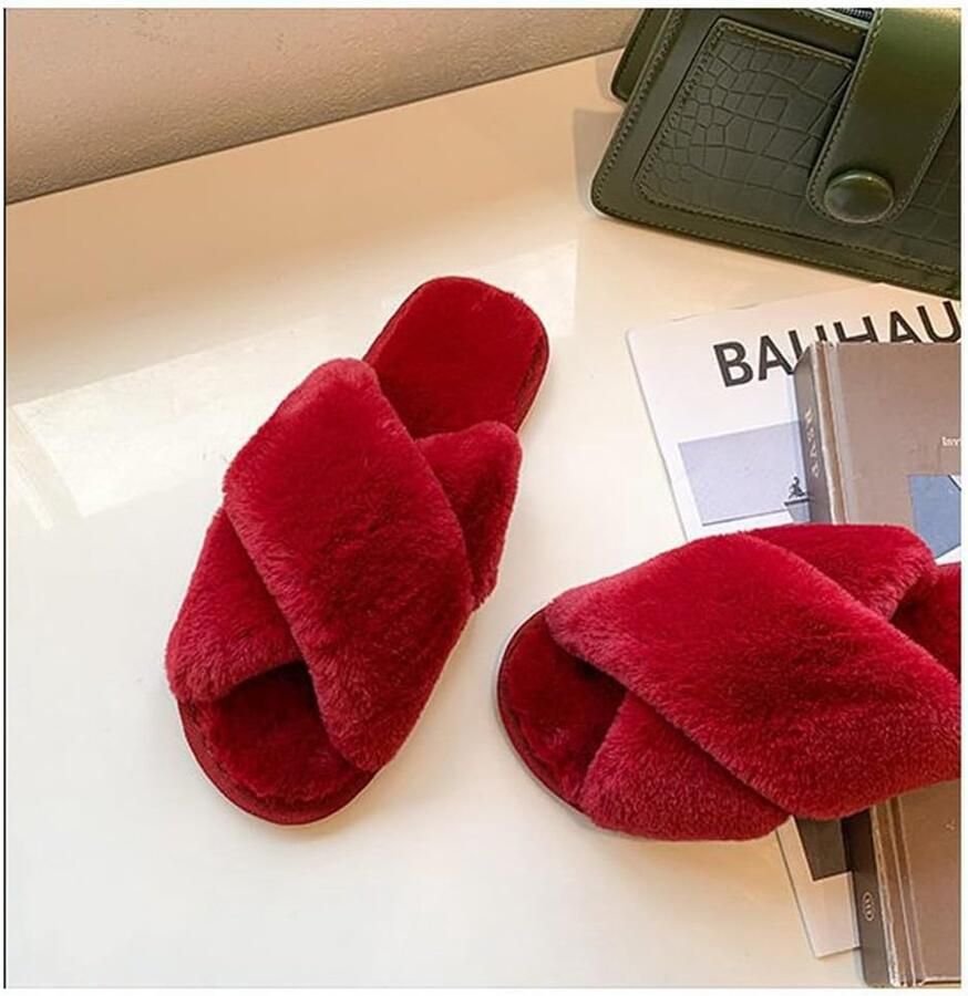 Pluizige Cross Band Huis Slippers Fuzzy Open Teen Slippers Gezellige Pluche Slip-on Thuis Schoenen Indoor Outdoor