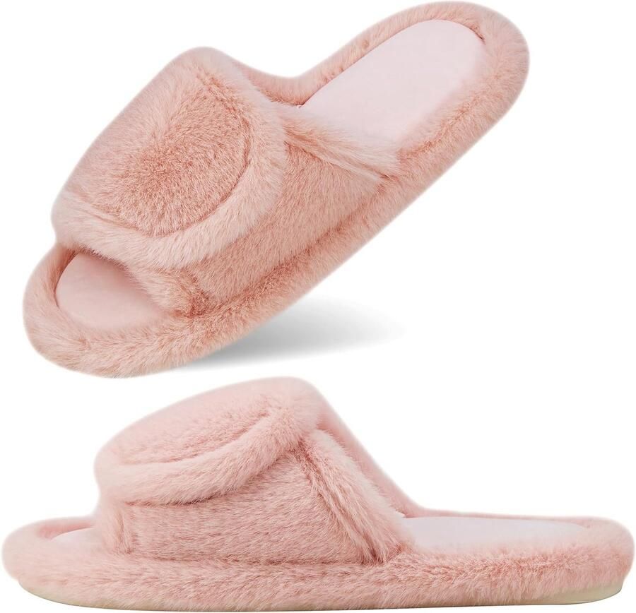 Pluizige pantoffels voor dames brede pasvorm warme pantoffels met open teen voor gezwollen voeten met verstelbare riem comfortabele huispantoffels traagschuim muilezel instapper voor