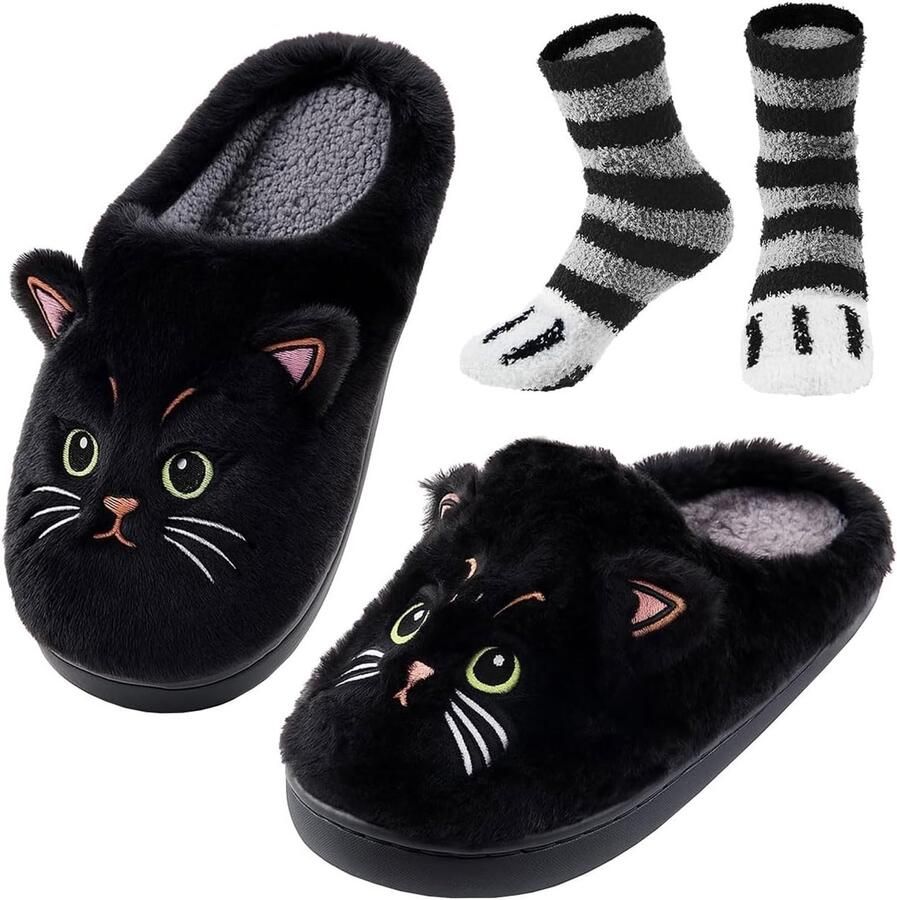 Pluizige pantoffels voor dames en een paar kattenpootsokken