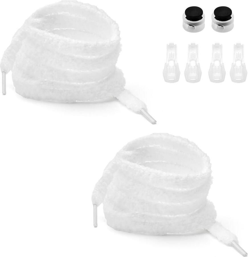 Pluizige Witte Schoenenveters 2 Delen Inclusief Sluitingen voor Sneakers en Sportschoenen