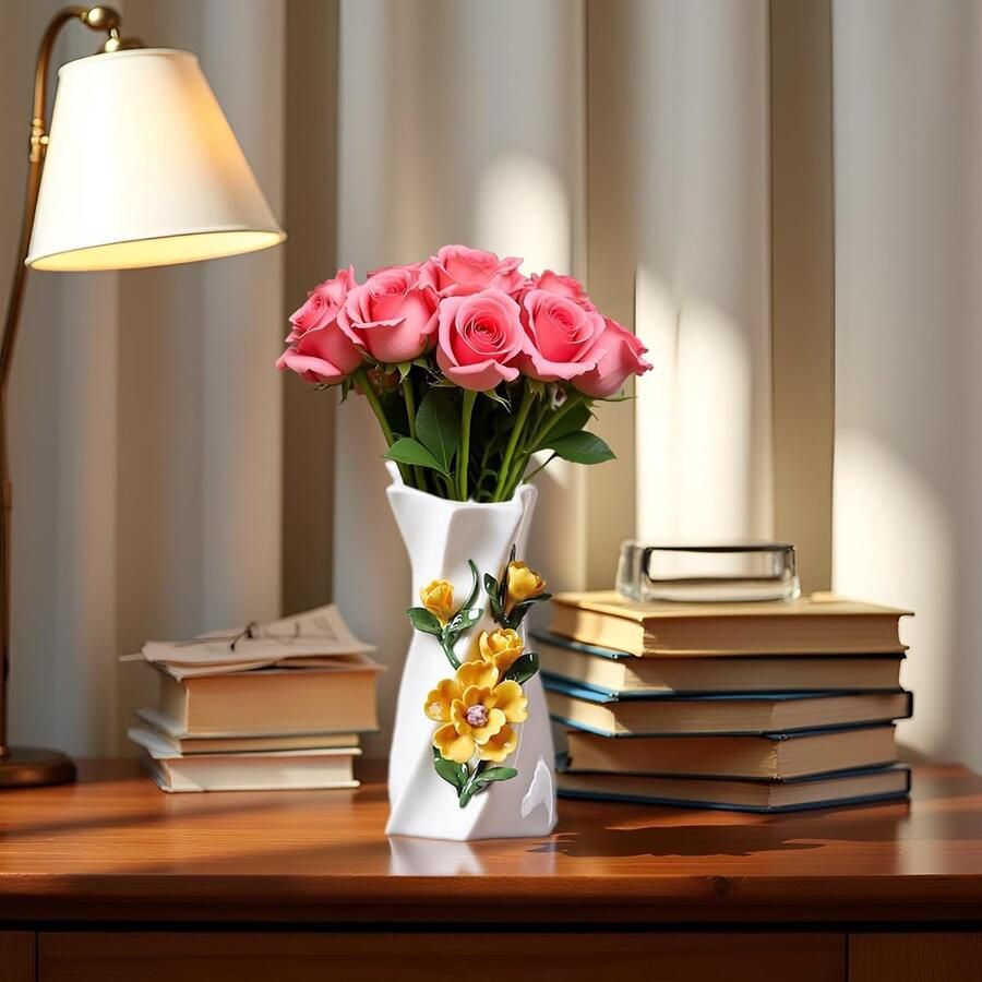 Porseleinen Figurijn vaas met bloemen herinneringsobjecten huwelijkscadeaus esthetische sculptuur voor woondecoratie (Gele Jasmijn)