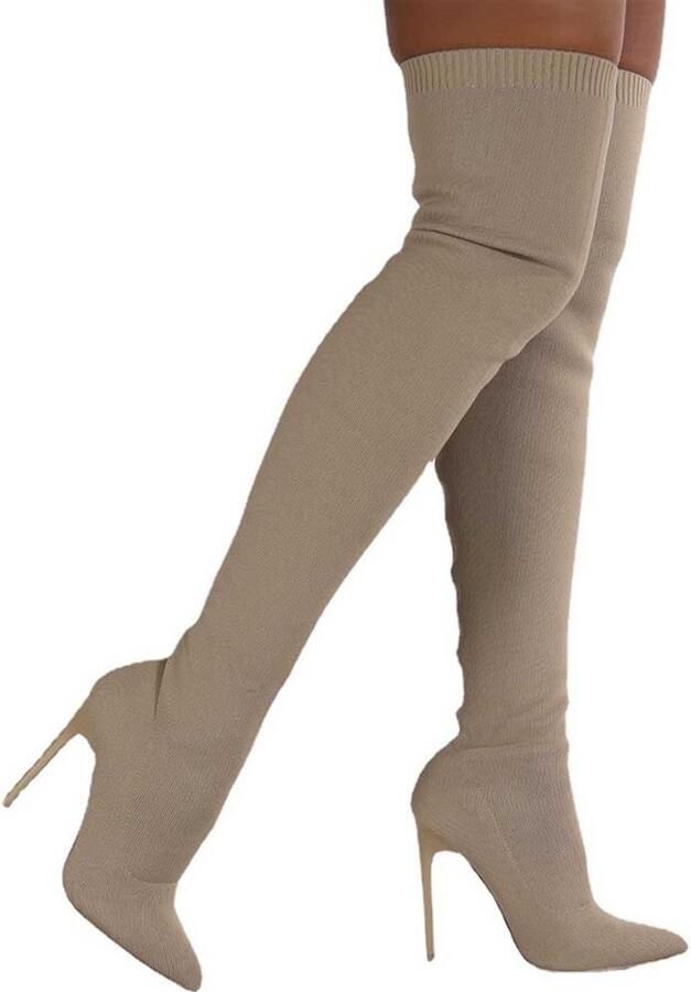 Prachtige beige Naaldhakken met hoge Kousen Erotische Laarzen met hoge Hakken| Sexy Laars Hak Hoog Tot aan de Knie Naaldhak Deluxe - Foto 4