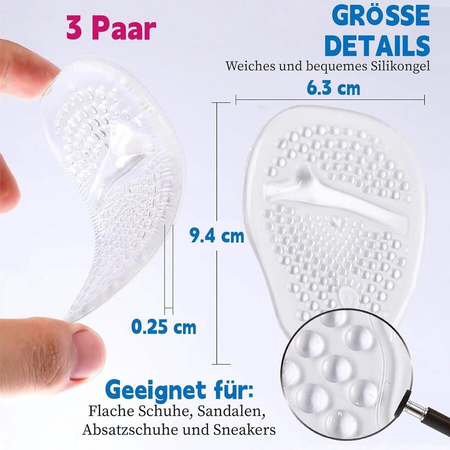 Premium voorvoetkussens gelinzetstukken voor schoenen comfortabele gelkussens voor dames ideaal voor hoge hakken en sandalen 3 paar voetbescherming