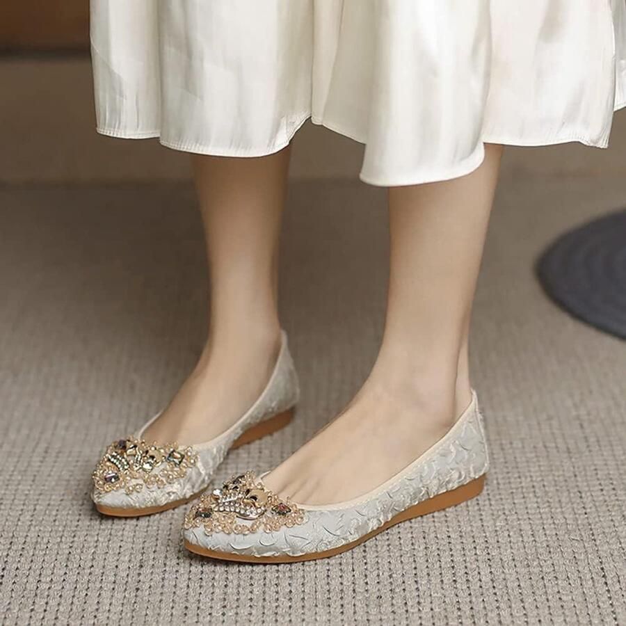 Provento Ballerina Schoenen met Strass voor Vrouwen Opvouwbare Comfortabele Slip-On Flats Geschikt voor Outdoor Bruiloft en Wandelen Abrikoos